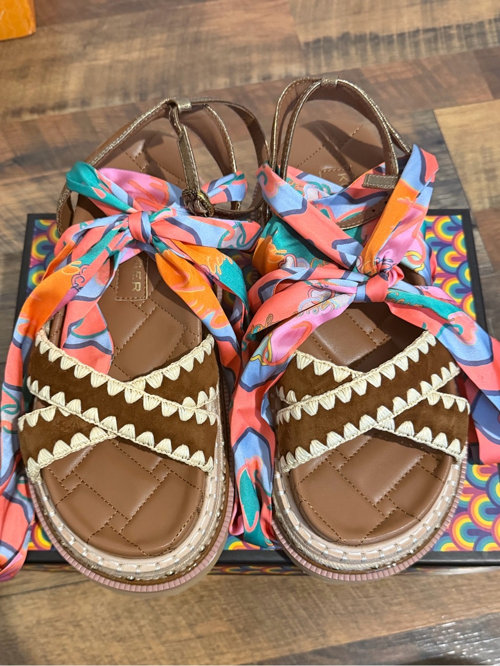 Kurt Geiger Women's Brown Braided Sandals with Multicolor Tie Straps